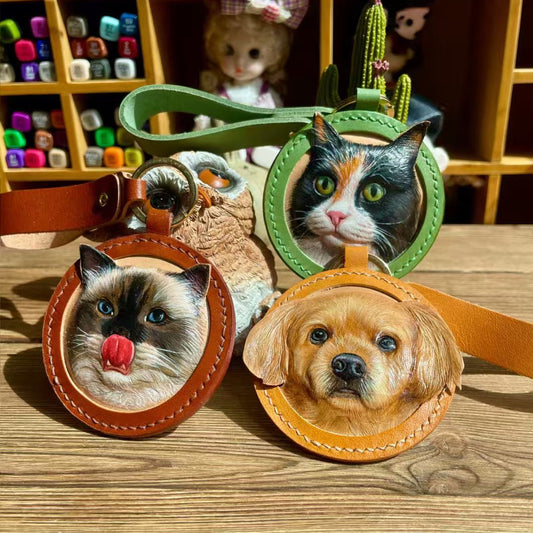 Handmade Leather Pet Portrait Keychain